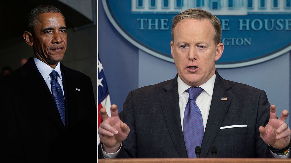 Sean Spicer menar att president Donald Trump sa att Barack Obama ”avlyssnat” honom, inte avlyssnat honom.