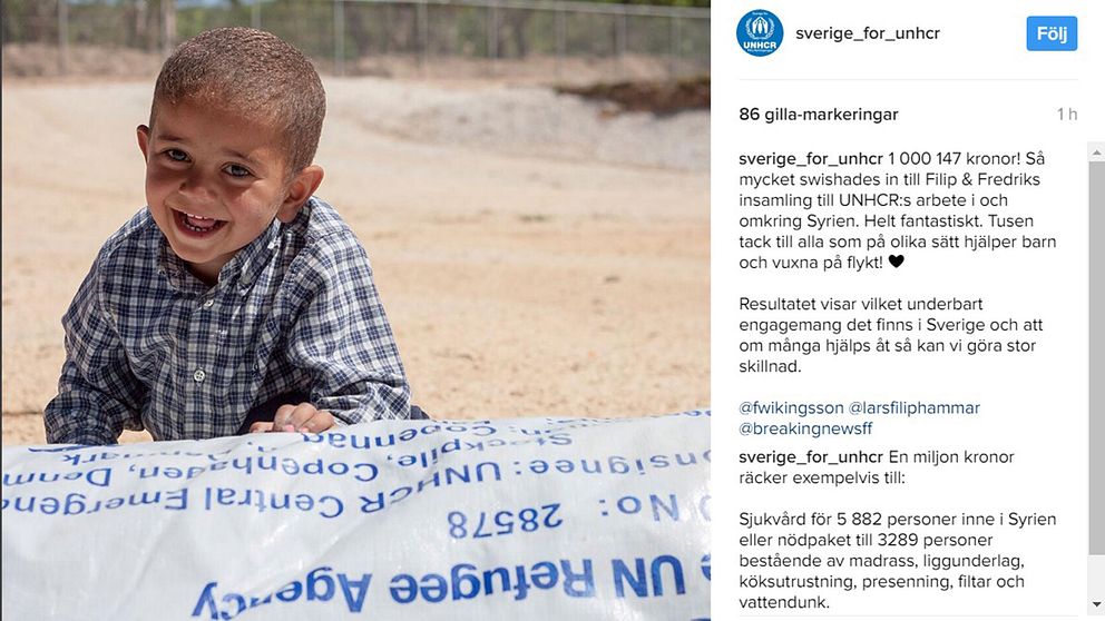 UNHCR gick på torsdagen ut med att insamlingen fått in mer än en miljon kronor.