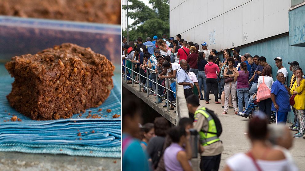 Brownie samt människor i Venezuela som köar efter mat. Arkivbild.