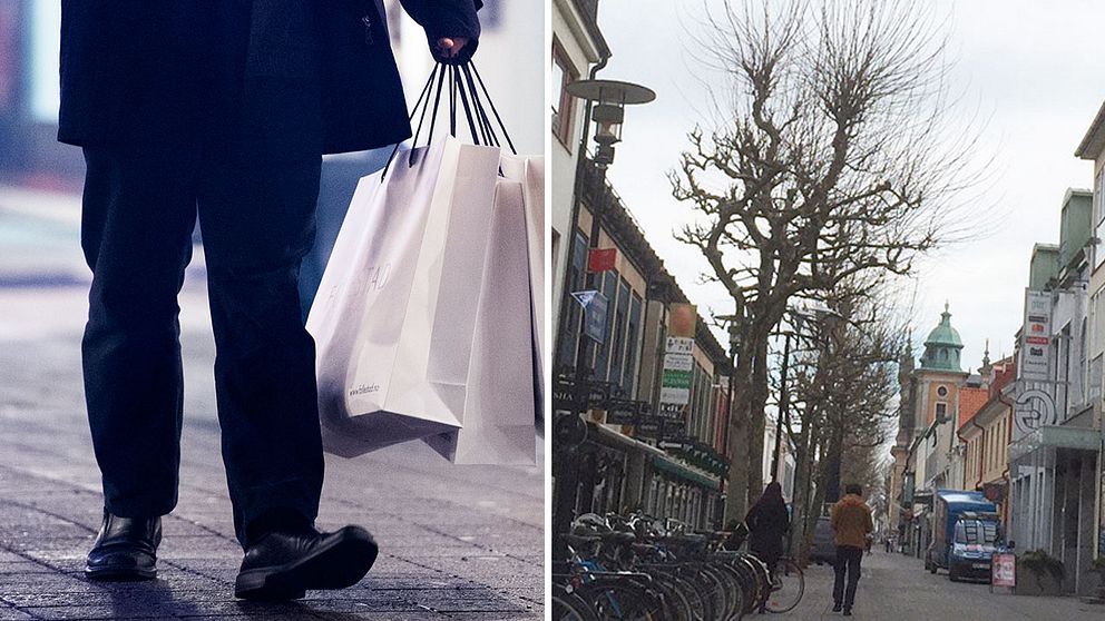 Person med shoppingkassar, bild från Kalmars centrum
