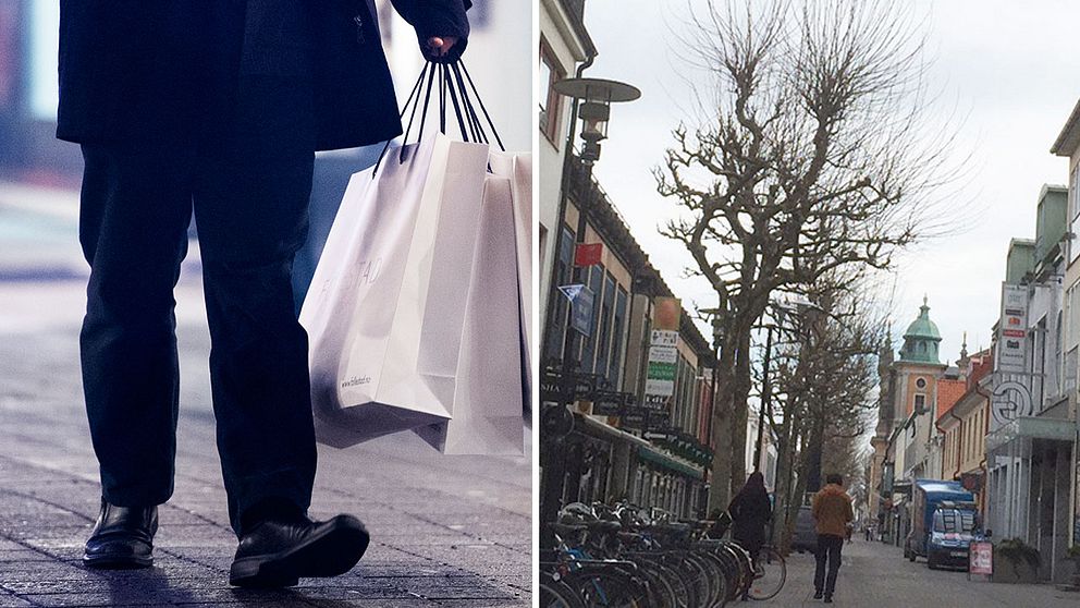 Person med shoppingkassar, bild från Kalmars centrum