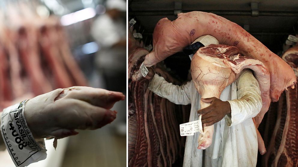 En slaktare hanterar kött godkänt av brasilianska myndigheter, inom en rad företag som processar och förpackar kött i landet misstänker polisen att ett omfattande fusk har pågått.