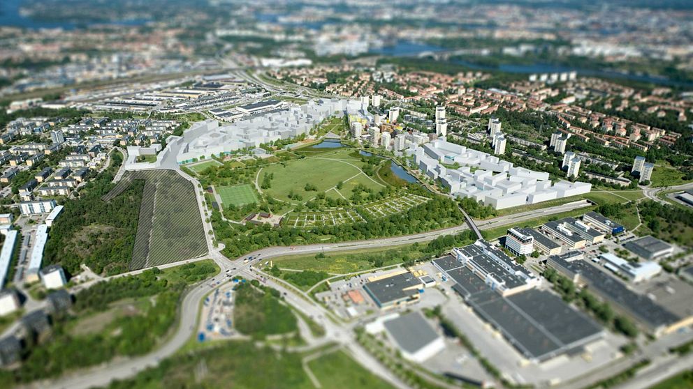 flygbild över Årstafältet, fotomontage över planerade bostäder runt ett grönt fält