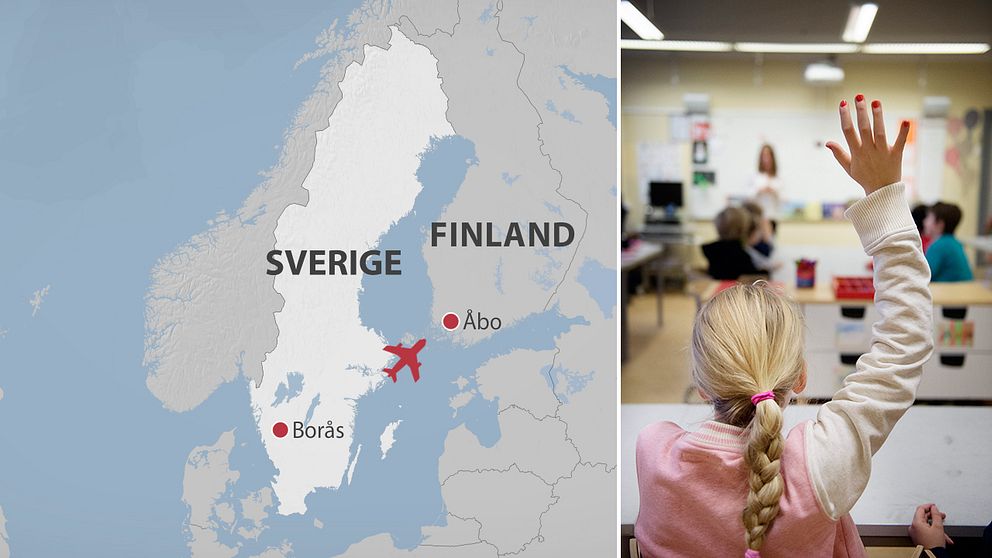 Karta där Borås och Åbo är markerat. En flicka sitter i ett klassrum och räcker upp handen.