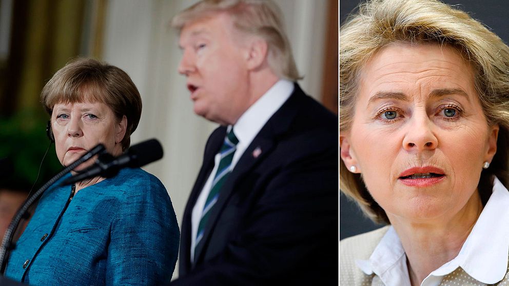 Angela Merkel möter Donald Trump. Till höger Tysklands försvarsminister Ursula von der Leyen.