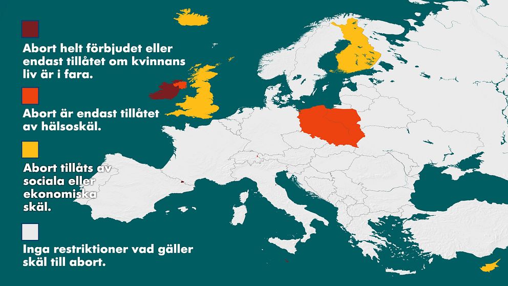 *Abort helt förbjudet eller endast tillåtet om kvinnans liv är i fara: Irland, Andorra, San Marino, Malta, Vatikanstaten, Liechtenstein.
*Abort endast tillåtet av hälsoskäl:
Liechtenstein, Polen, Monaco, Nordirland.
*Abort tillåts av socioekonomiska skäl. Cypern, Finland, Island, Storbritannien.