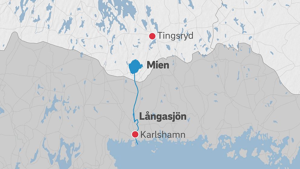 Karta över sjön Mien i Tingsryds kommun, som rinner via Mieån till Långasjön i Karlshamns kommun.