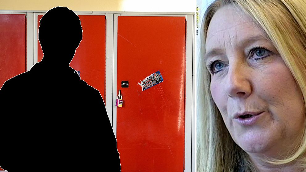 bilden är Ingela Hamlin, grundskolechef i Uppsala, och en siluett framför skåp i gymnasieskola