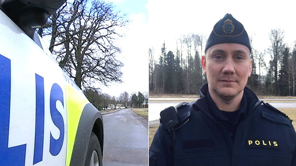 Polisbil och en polis i Eskisltuna.