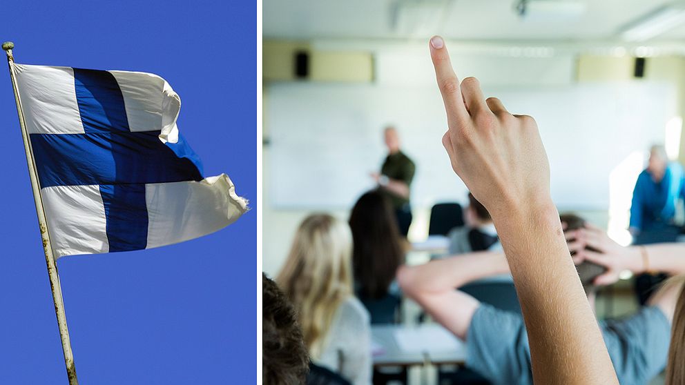 Finlands flagga och ett klassrum