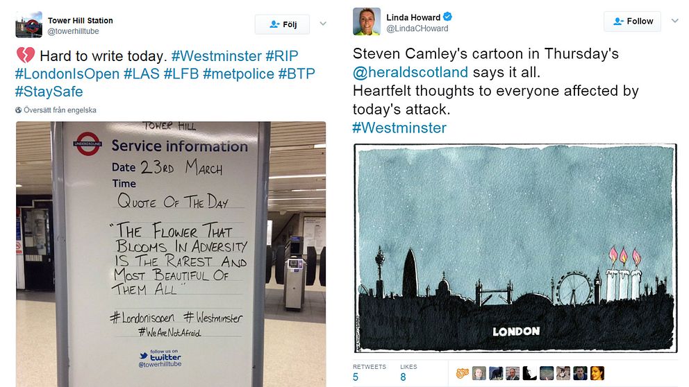 Skylt från Londons tunnelbana och teckning som hedrar offren i attacken.