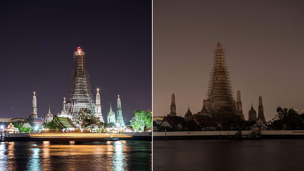 Templet Wat Arun i Bangkok, före och under Earth hour.