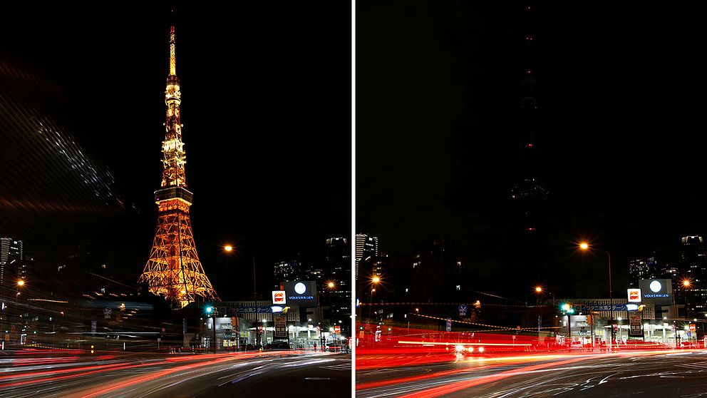 Tokyo Tower före och under Earth hour.