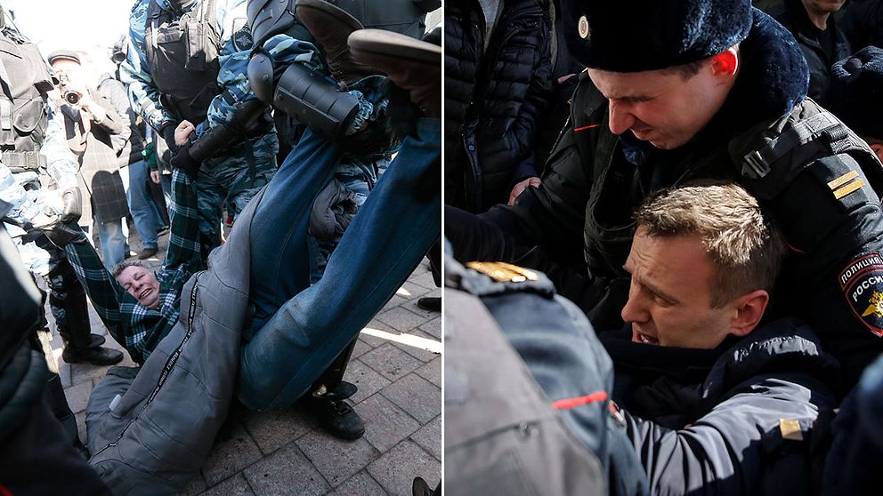 Dramatiska bilder från ryska protester, där oppositionsledaren gripits (högra bilden).