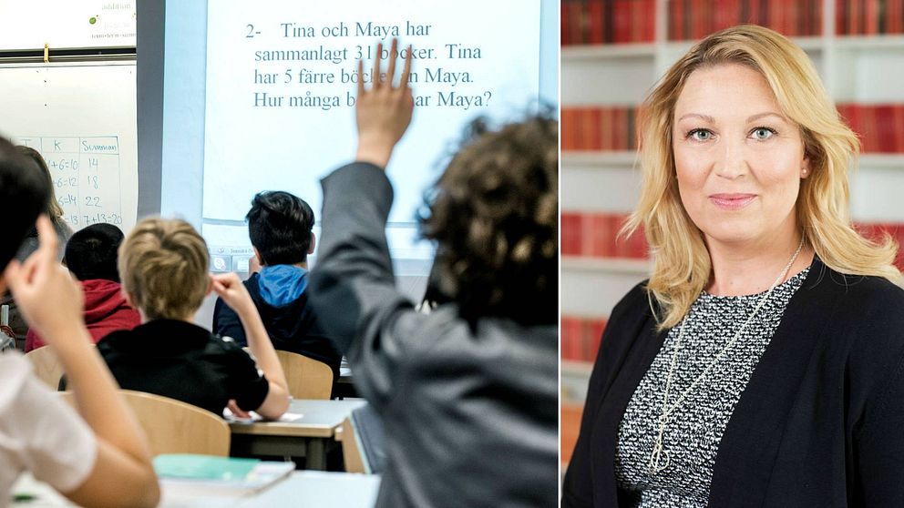 Delad bild, tv skolklass, elever räcker upp handen, th Johanna Jaara Åstrand