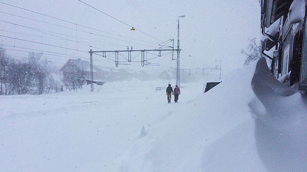Två personer vandrar i ett snösnormigt Björkliden