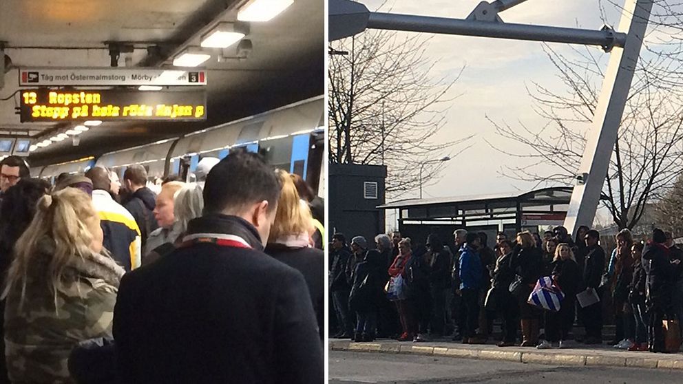 Stopp i tunnelbanan och folk som köar