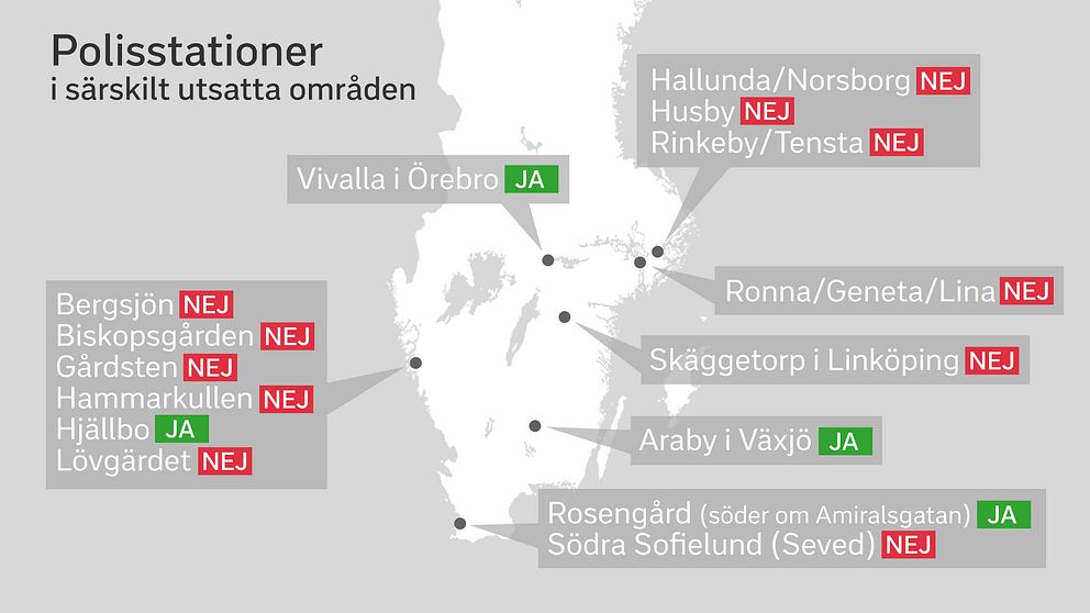 En karta som pekar ut de 15 särskilt utsatta områdena och i vilka det finns polisstationer.