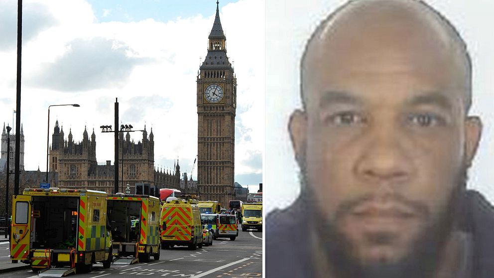 Gärningsmannen Khalid Masood och ambulanser på Westminster Bridge efter attacken.