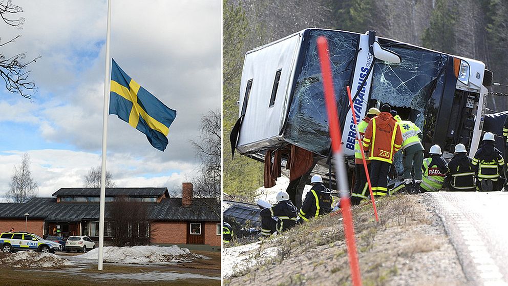 Den olyckdrabbade bussen och en flagga på halv stång.