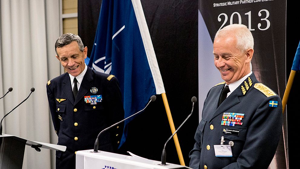 General Jean-Paul Paloméros och general Sverker Göransson under pressträffen inför NATO mötet Strategic Military Partner Conference i Stockholm.