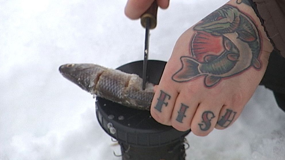 Hand med tatueringen fish på fingrarna