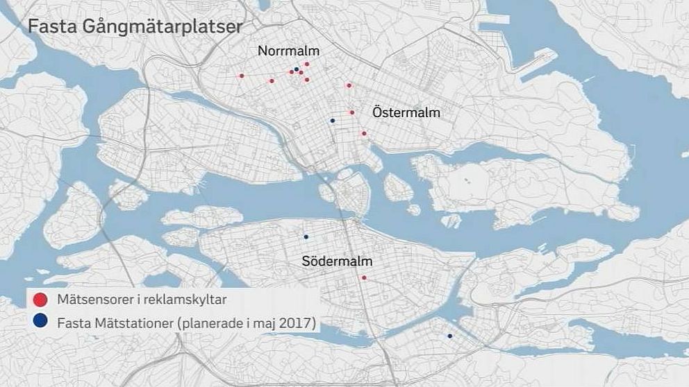 Karta över stadens mätstationer för gångtrafik.