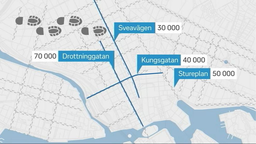 Karta över gångflödena på några av Stockholms gator.