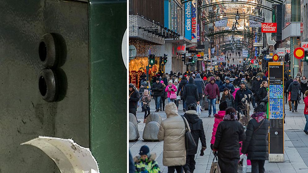 Sensor och folk som går på Drottninggatan i Stockholm