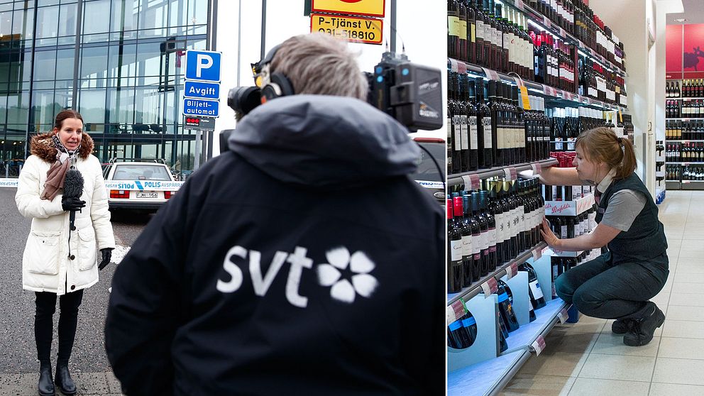 Reporter och fotograf på jobb och en kvinna som arbetar på Systembolaget