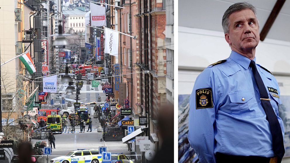 Bild på polis Börje Öhman och Drottninggatan där terrordåd skett.