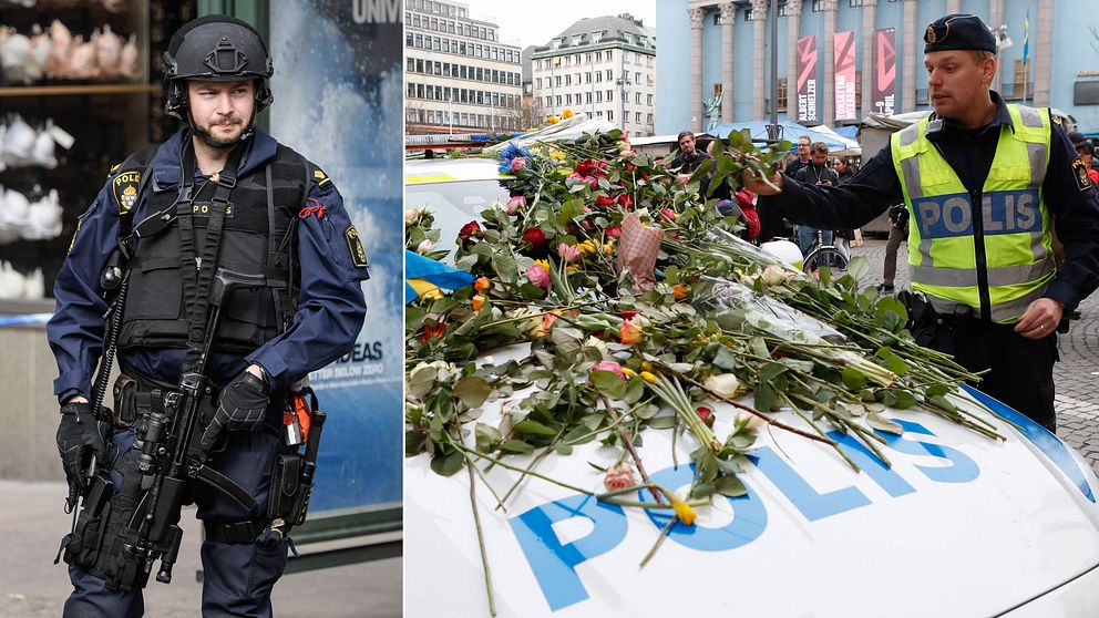 Tvådelad bild: Polis med vapen och en polis som tagit emot enormt mycket blommor. Blommorna ligger på polisbilen.