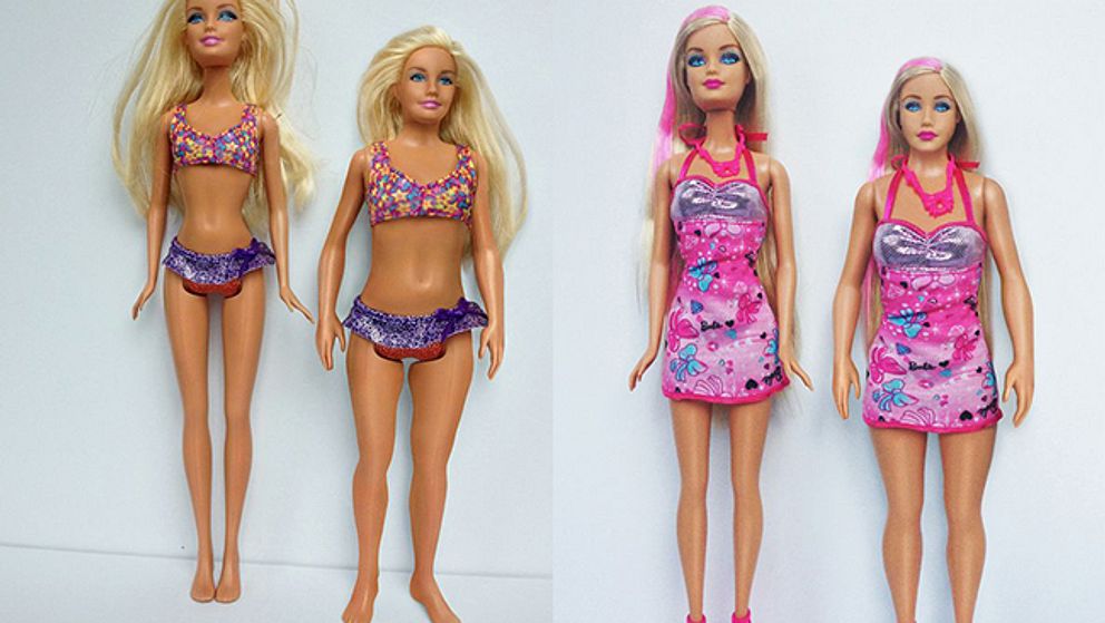 Original-Barbie och konstnärens egna version.