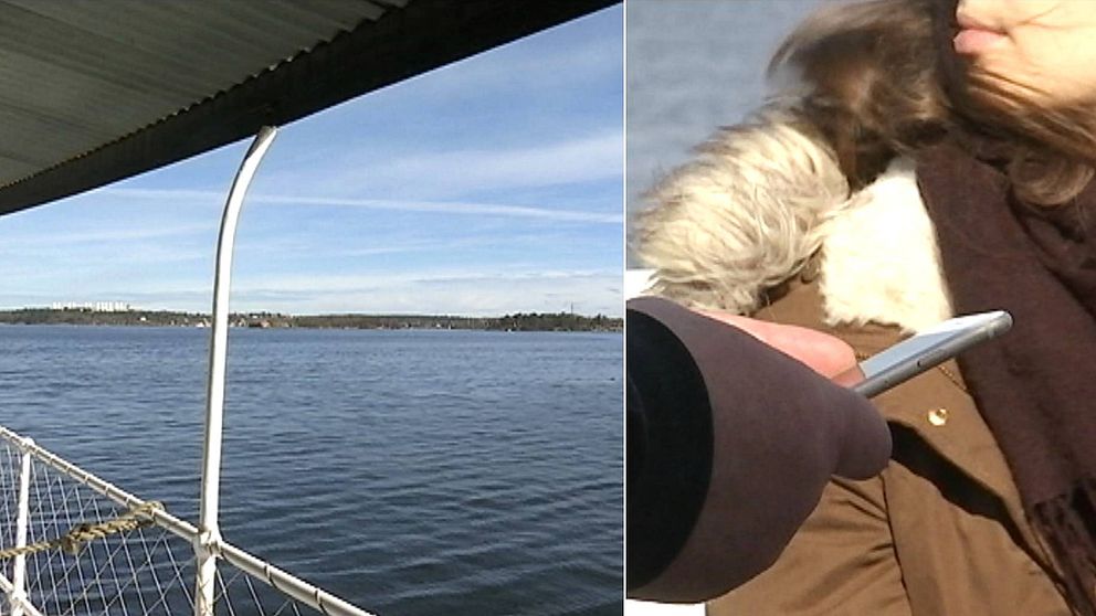 Bild över havet från en skärgårdsbåt. Bild till vänster  – en hand håller i en mobil samtidigt som en kvinna ser ut över vattnet,