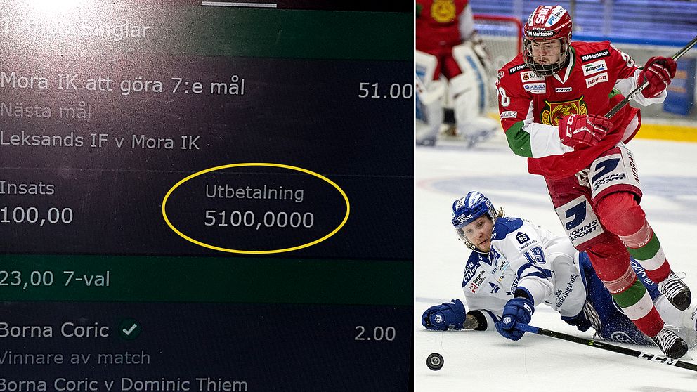 En skärmdump av Fredrik och Camilla Sundessons spelvinst på 365.com, och hockeyspelare från en match mellan Leksand-Mora.