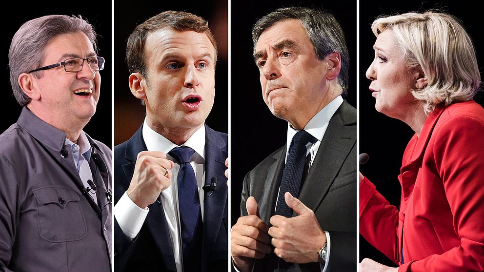 Franska valets huvudpersoner: Jean-Luc Mélenchon, Emmanuel Macron, François Fillon och Marine Le Pen.