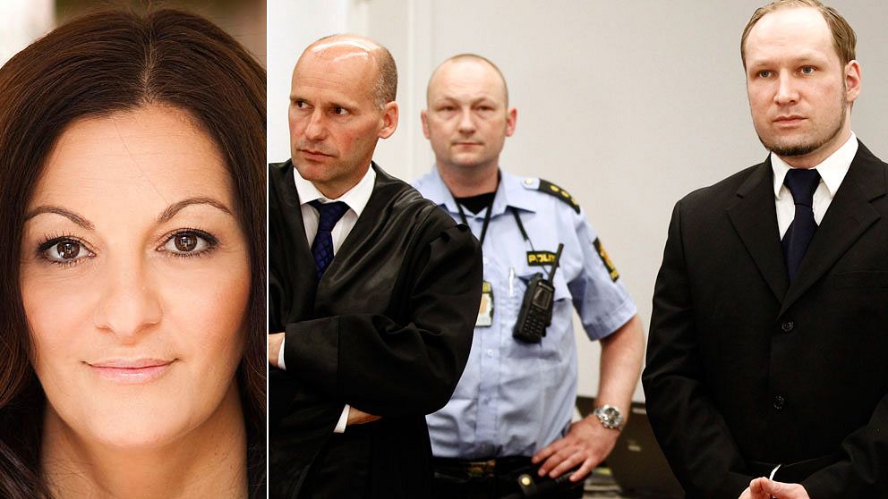 SVT:s juridiska expert Elisabeth Massi Fritz och Anders Behring Breivik i rätten. Foto: SVT/Scanpix