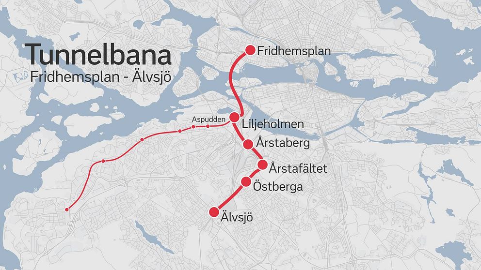 Karta över nya tunnelbanesträckningen Fridhemsplan-Älvsjö