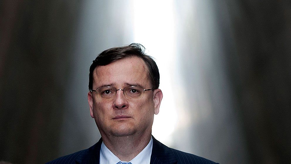 Czech Prime Minister Petr Necas visits the Yad Vashem Holocaust memorial in Jerusalem, Thursday, Sept. 15, 2011. Necas is on an official visit to the region. (AP Photo/Sebastian Scheiner)