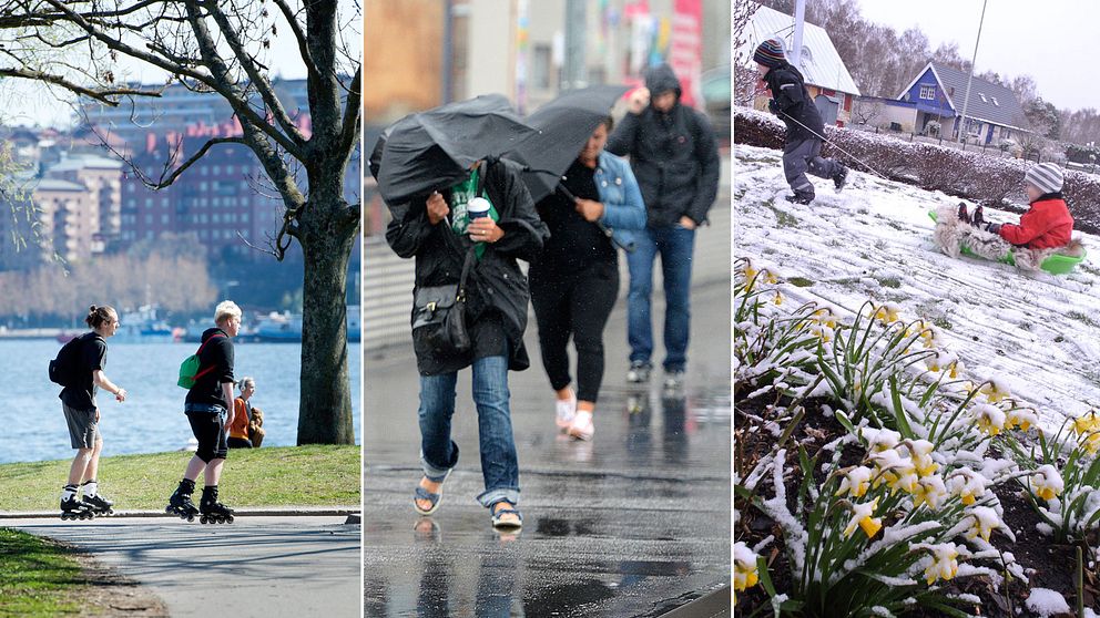 Tredelad bild: Ungdomar åker rullskridskor, personer går i blåsväder med paraply, barn som åker pulka