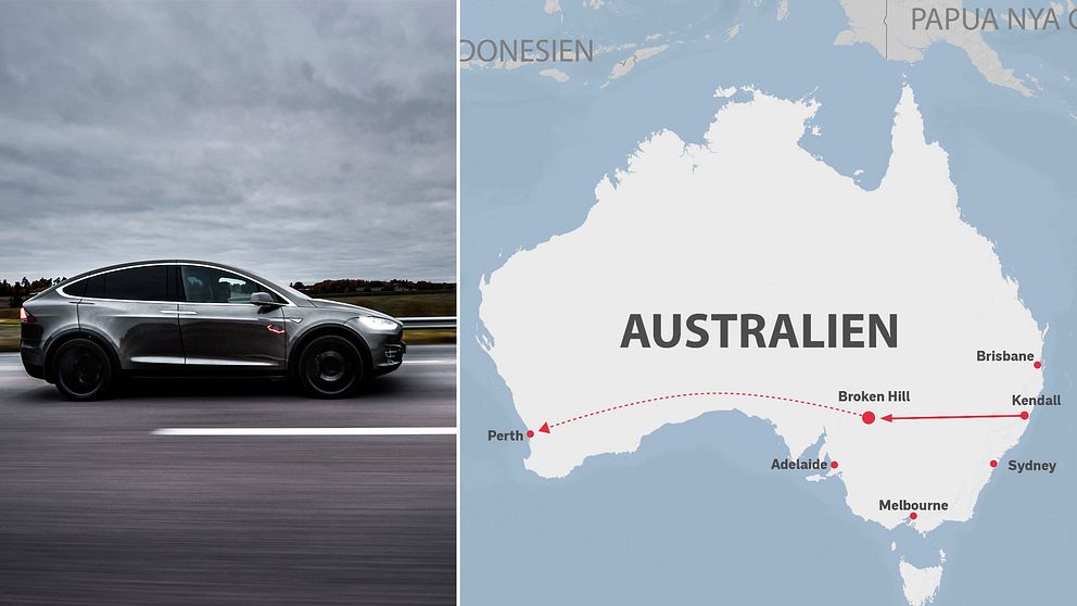 Tvådelad bild: En bil som kör på en väg och en karta på Australien som visar sträckan pojken körde