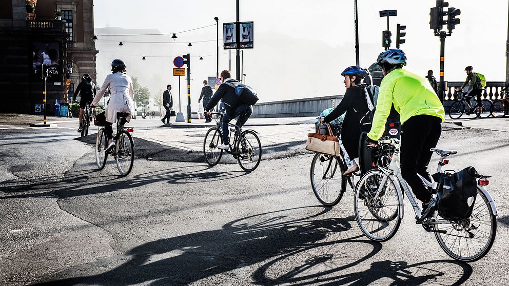 Flera cyklister på en gata i Stockholm