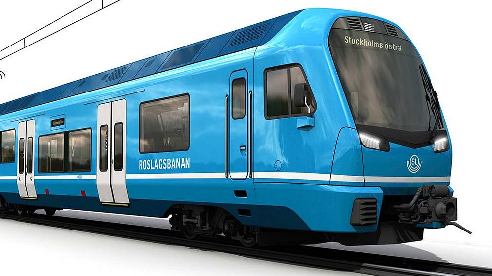 Datoranimerad bild av ett blått tåg som det står Roslagsbanan på.