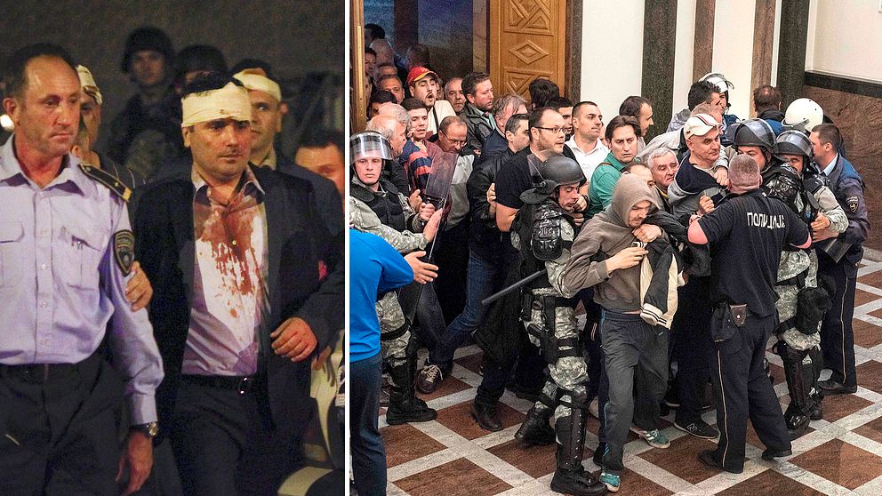 Socialdemokraternas ledare i Makedonien, Zoran Zaev, skadades när nationalistiska demonstranter tog sig in i parlamentet och gick till attack.