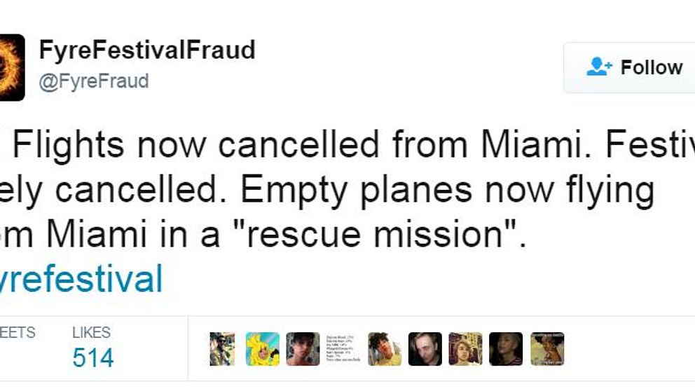 Alla flyg från Miami är inställda. Festivalen troligen inställd. Tomma plan flyger nu från Miami på en ”räddningsuppdrag”.