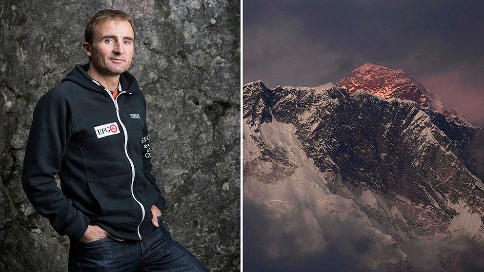 bildkollage på klättrare Ueli Steck och Mount Everest