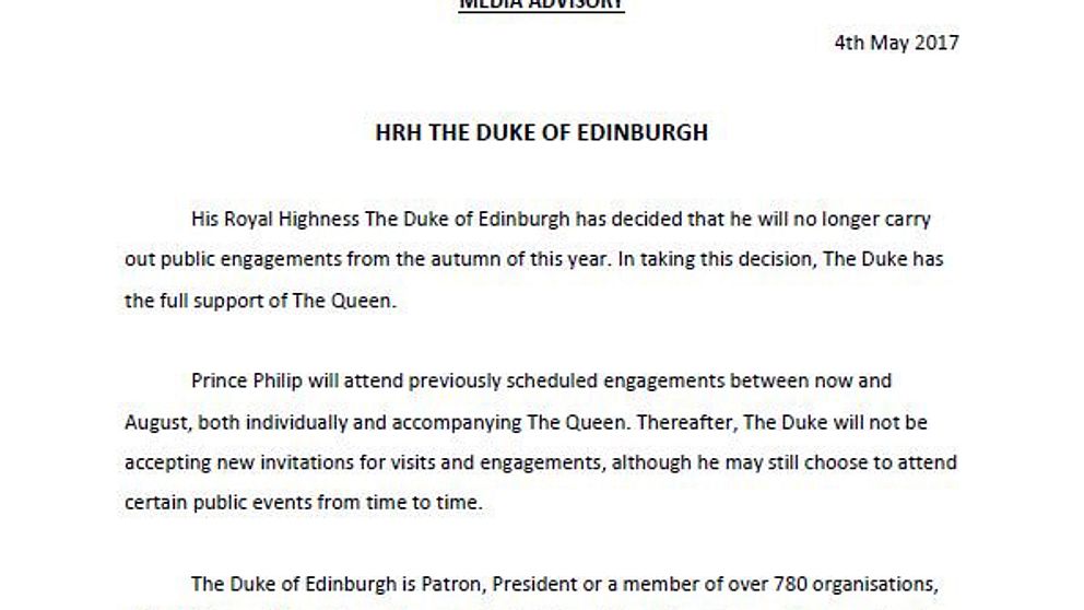 Uttalandet som släpptes angående prins Philips besked.