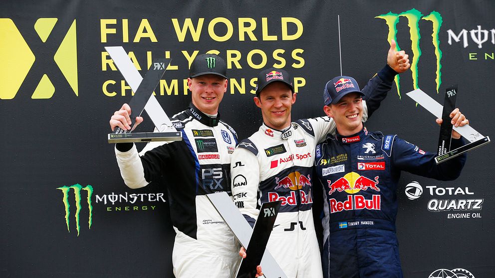 Svensk trippel. Johan Kristoffersson tvåa, Mattias Ekström etta och Timmy Hansen trea.