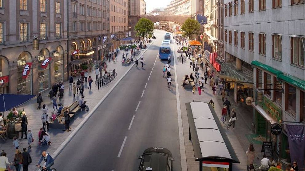 Illustration över Kungsgatan med gångväg, cykelväg och enbart kollektivtrafik