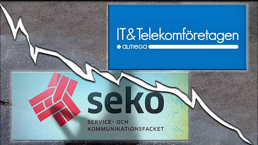 Logotyper för Seko, Service- och kommunikationsfacket och tjänsteföretagens arbetsgivarorganisation Almega med en spricka mellan dem tvärs över bildmontaget.